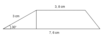 Et trapes der de parallelle sidene har lengde 3,8 cm og 7,6 cm. Høyden er den minste kateten i en rettvinklet trekant med hypotenus på 3 cm. Den ene vinkelen i trekanten er 30 grader.